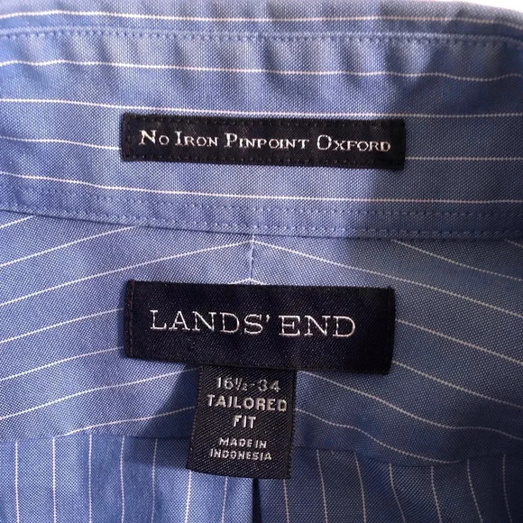 Lands End Mens 16.5-34 Blue White Stripe Shirt Pinpoint Oxford Tailored Fit L/S - Picture 5 of 6